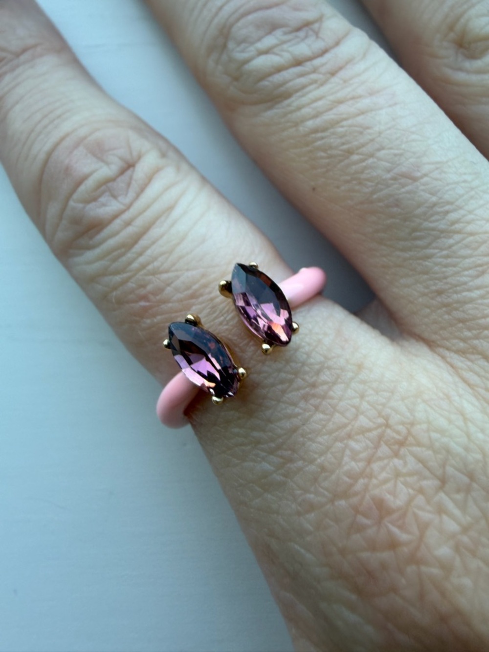 Adjustable Pastel Pink Enamel Open Ring w/Purple Cubic Zirconia Accent Crystals